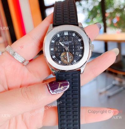 Copy Patek Philippe Aquanaut tourbillon SS Black Rubber Strap Watches - Women